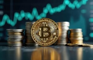 bitcoin kolikoita pinoina digitaalitaustalla