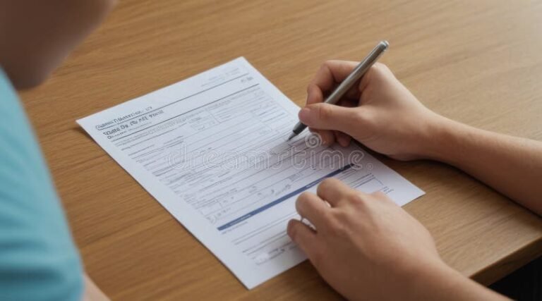 henkilo tayttaa lomaketta poydan aaressa