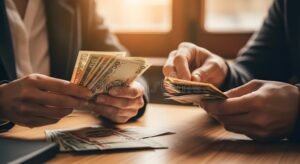 ihmiset laskevat rahaa yhdessa poydan aaressa