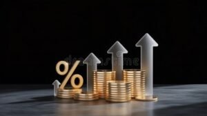 kolikkoja ja nousevia korkoprosentteja symboloiva kuva