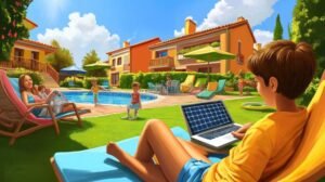 kuvassa onnellinen perhe talon edessa