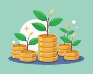 kuvitus jossa kasvaa rahapuu tai kolikoita pinossa