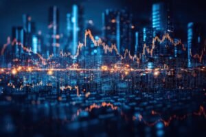 nouseva porssikayra taustalla kaupungin siluetti